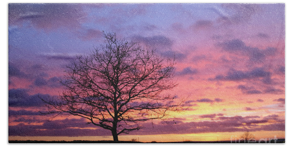 Spectacular Sunset Epsom Downs Surrey Uk Dusk Pink Sky Twilight Tree Silhouette Orange Sun Set Down English England Branches Lone Purple Blue Bath Towel featuring the photograph Spectacular sunset Epsom Downs Surrey UK #3 by Julia Gavin