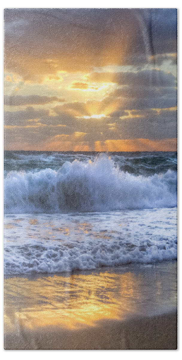 Ocean Bath Towel featuring the photograph Splash Sunrise #2 by Debra and Dave Vanderlaan