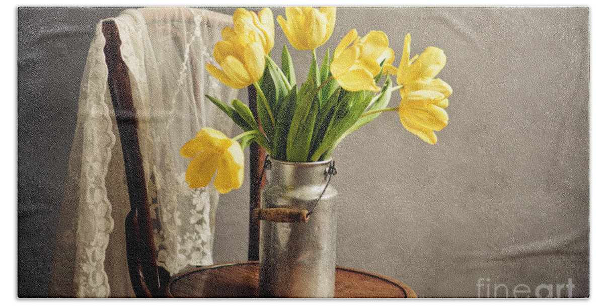 Tulip Hand Towel featuring the photograph Still Life with Yellow Tulips by Nailia Schwarz