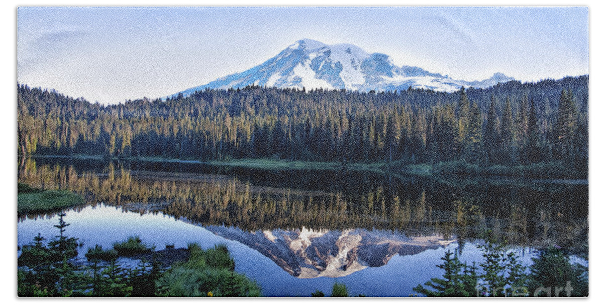 Cascade Mountains Bath Towel featuring the photograph Sunrise at Reflection Lake #2 by Ronald Lutz