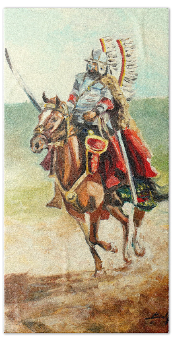 Hussar Bath Towel featuring the painting The Polish Winged Hussar #2 by Luke Karcz