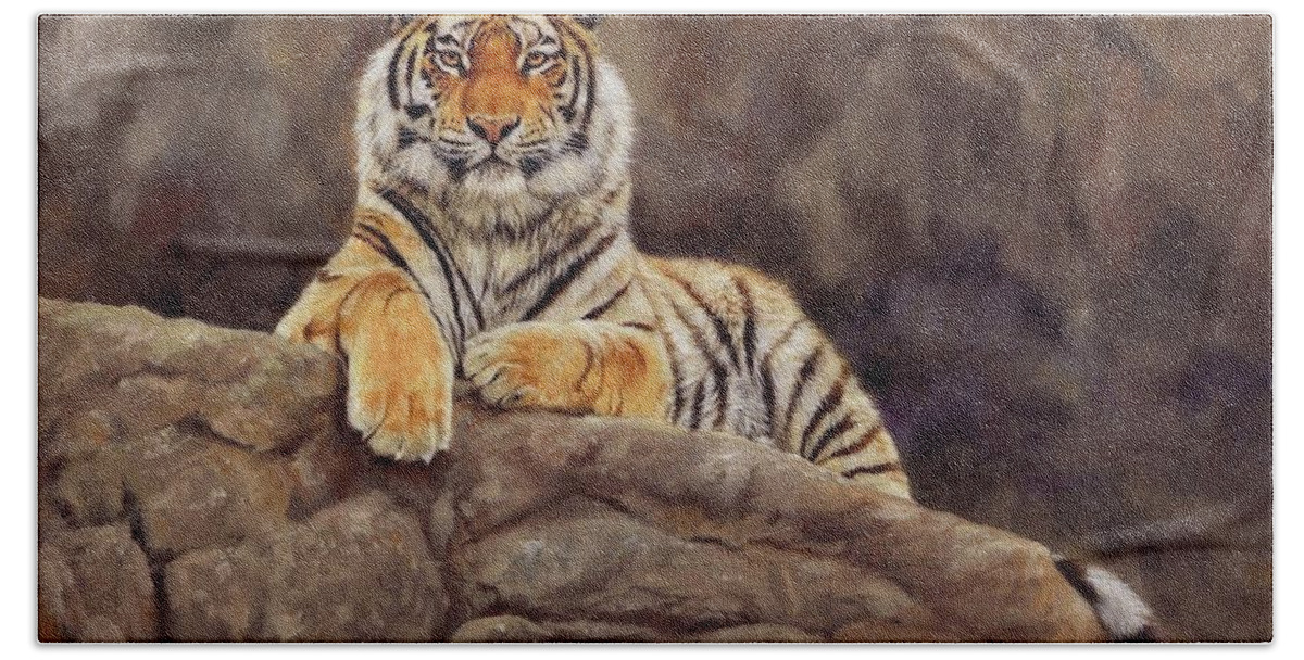 Tiger Hand Towel featuring the painting Tiger #3 by David Stribbling