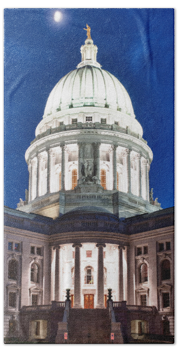 Clouds Hand Towel featuring the photograph Wisconsin State Capitol Building at Night by Sebastian Musial