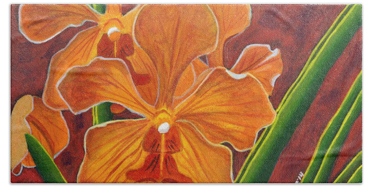 Orchids Hand Towel featuring the painting Yellow Orchids #2 by Laura Forde