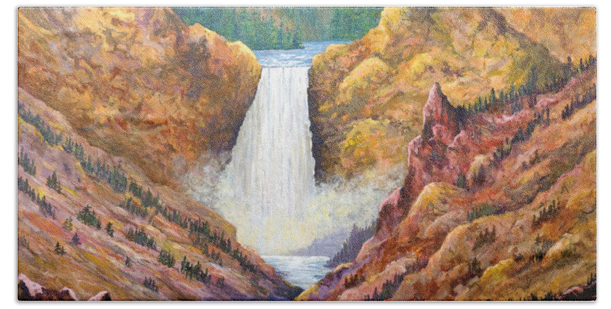 Waterfalls Hand Towel featuring the painting Yellowstone Falls #1 by Lou Ann Bagnall