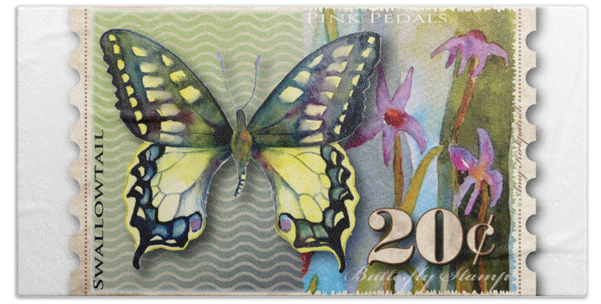 Butterfly Hand Towel featuring the painting 20 Cent Butterfly Stamp by Amy Kirkpatrick