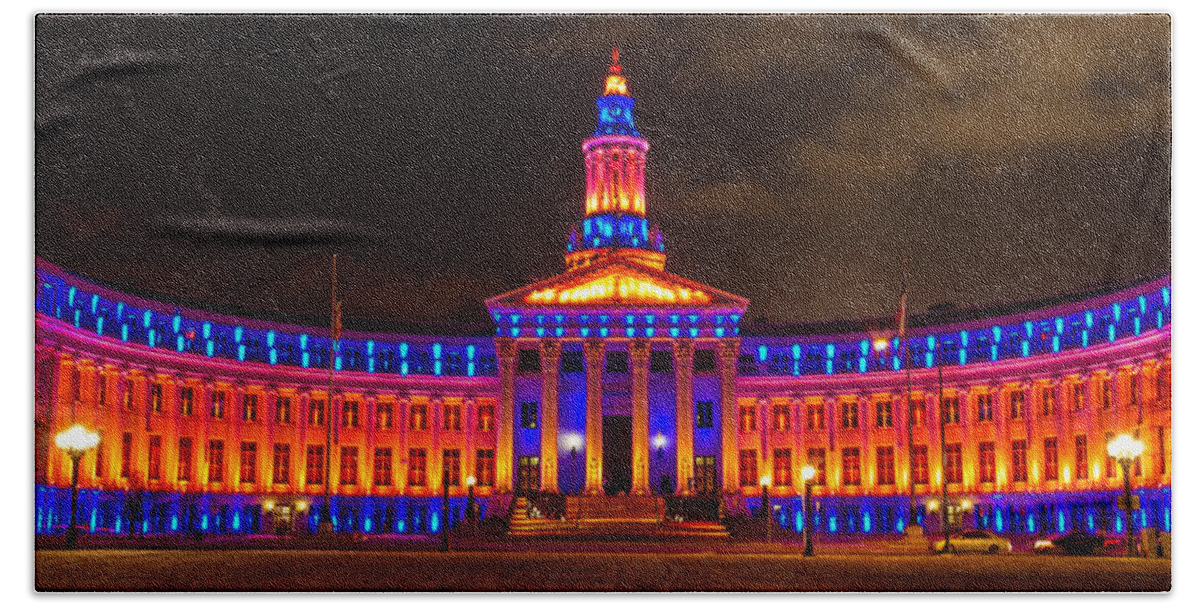 Bronco Colors Bath Towel featuring the photograph 2013 Denver City and County Building by Teri Virbickis