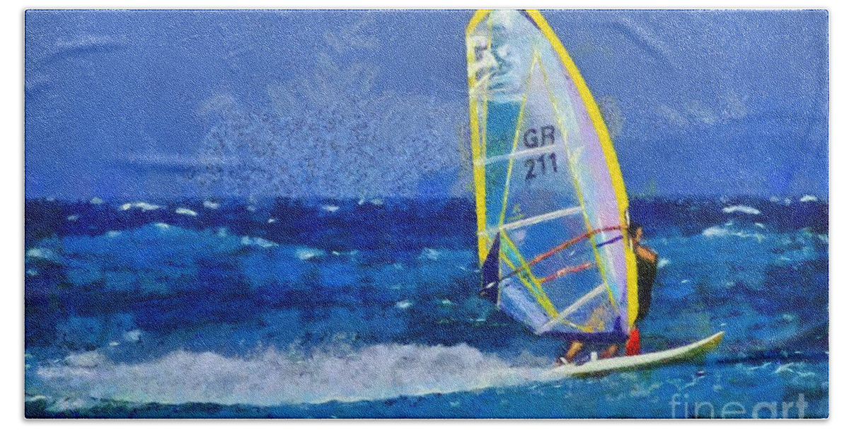 Windsurfing Bath Towel featuring the painting Windsurfing #2 by George Atsametakis