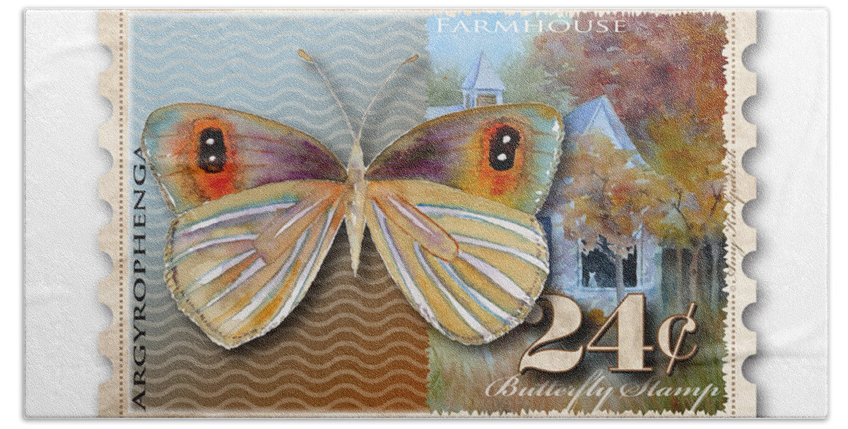 Butterfly Hand Towel featuring the painting 24 Cent Butterfly Stamp by Amy Kirkpatrick
