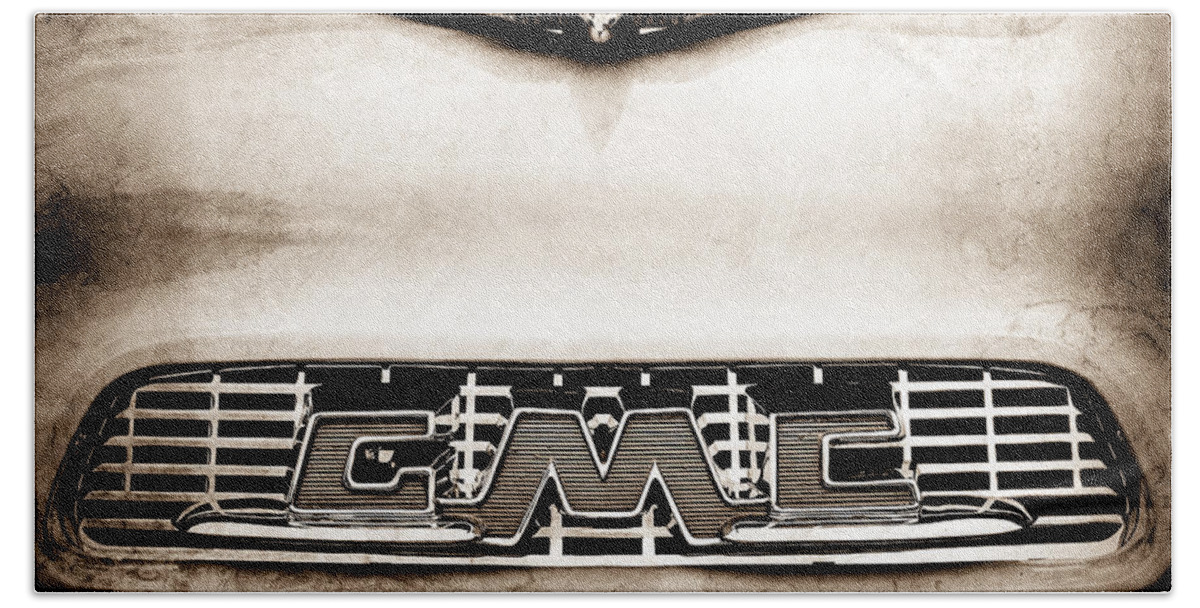 1956 Gmc 100 Deluxe Edition Pickup Truck Hood Ornament Bath Towel featuring the photograph 1956 GMC 100 Deluxe Edition Pickup Truck Hood Ornament - Grille Emblem #3 by Jill Reger