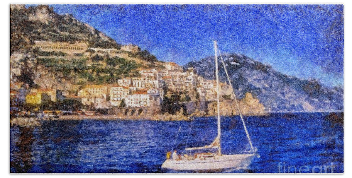 Amalfi Bath Towel featuring the painting Amalfi town in Italy #5 by George Atsametakis