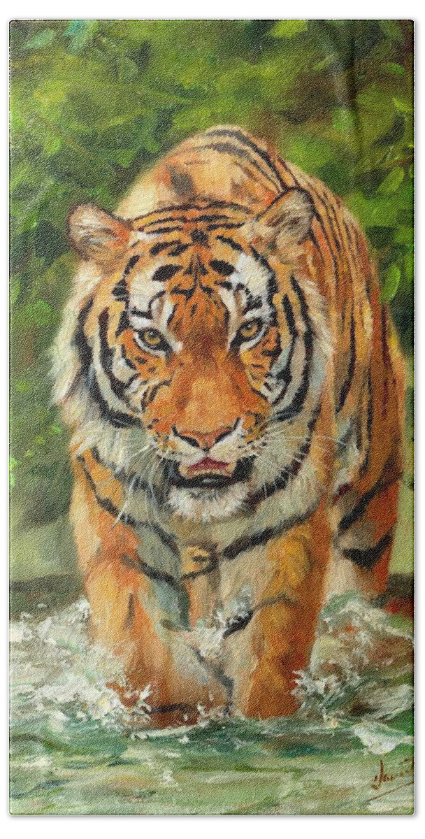 Tiger Hand Towel featuring the painting Amur Tiger Painting #3 by David Stribbling