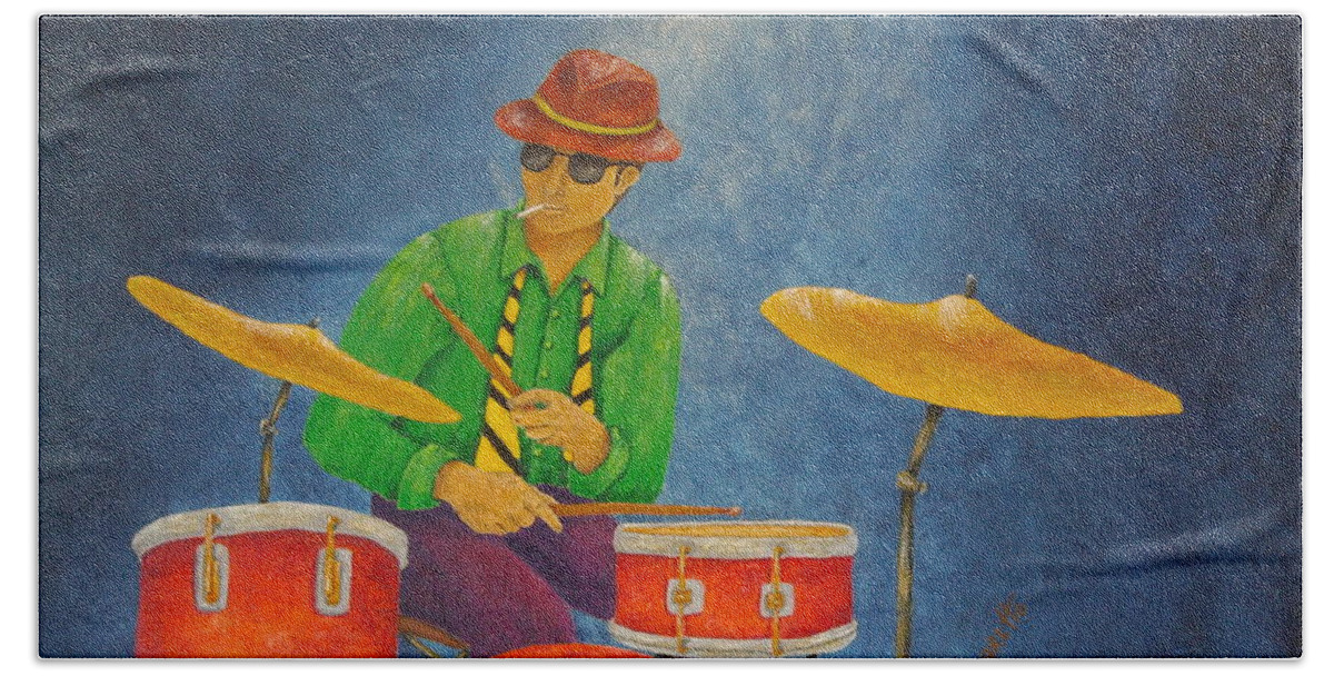 Pamela Allegretto-franz Bath Towel featuring the painting Jazz Drummer #3 by Pamela Allegretto