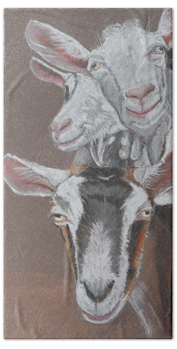 Goats Bath Towel featuring the pastel 3 Nosey Goats by Teresa Smith