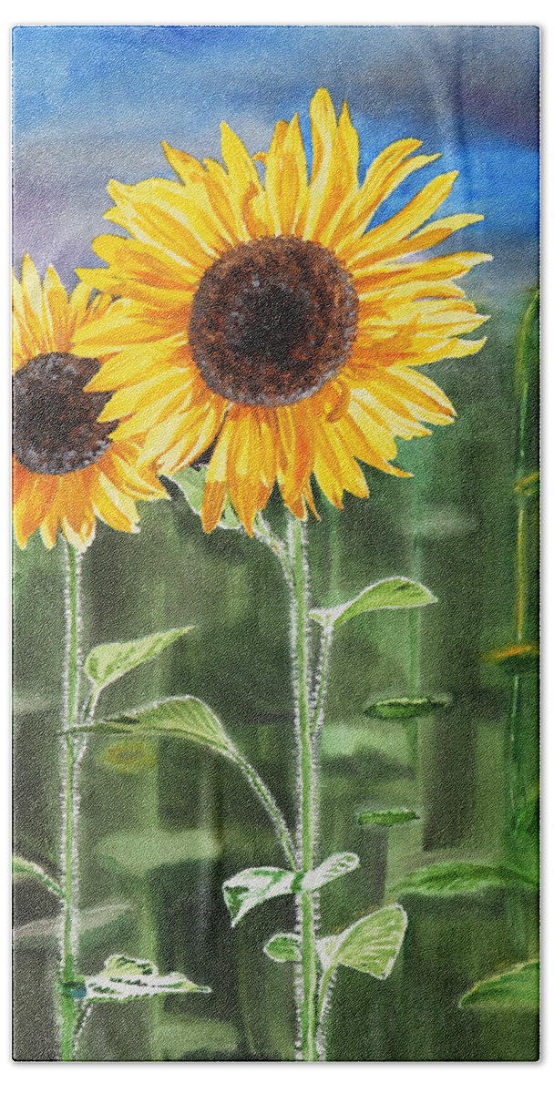 Sunflowers Bath Towel featuring the painting Sunflowers #1 by Irina Sztukowski