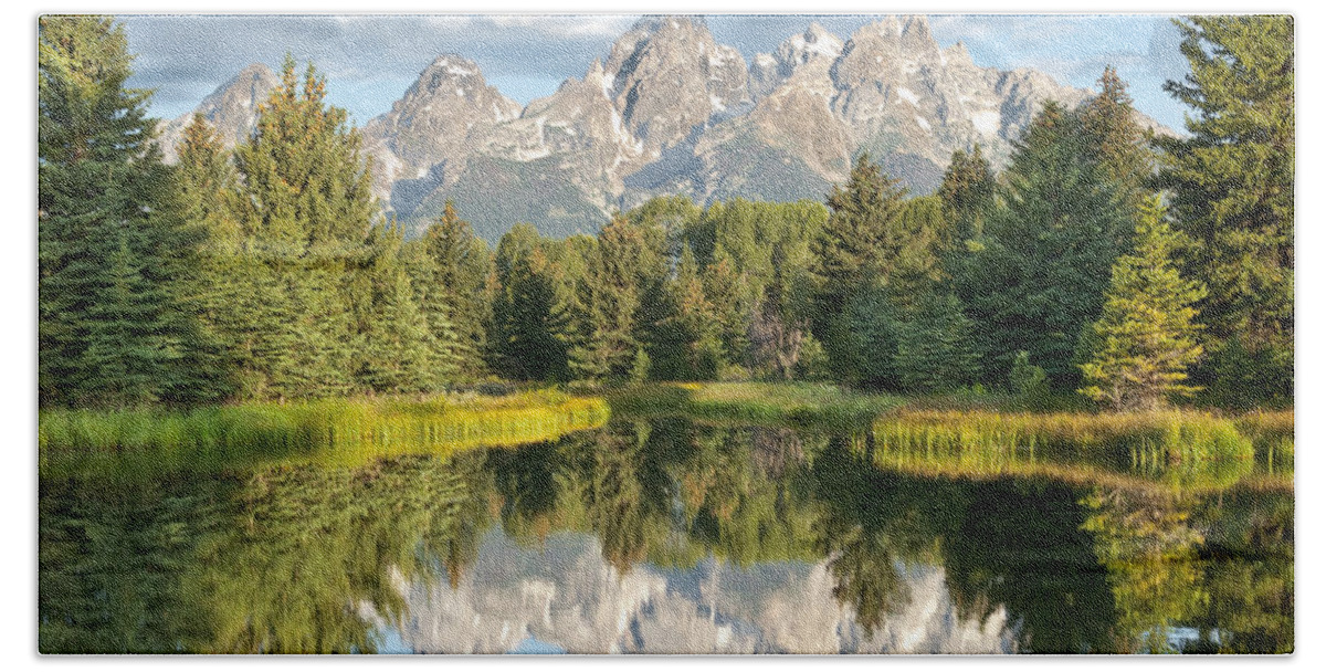 Awe Bath Towel featuring the photograph Teton Range Reflected in the Snake River #3 by Jeff Goulden