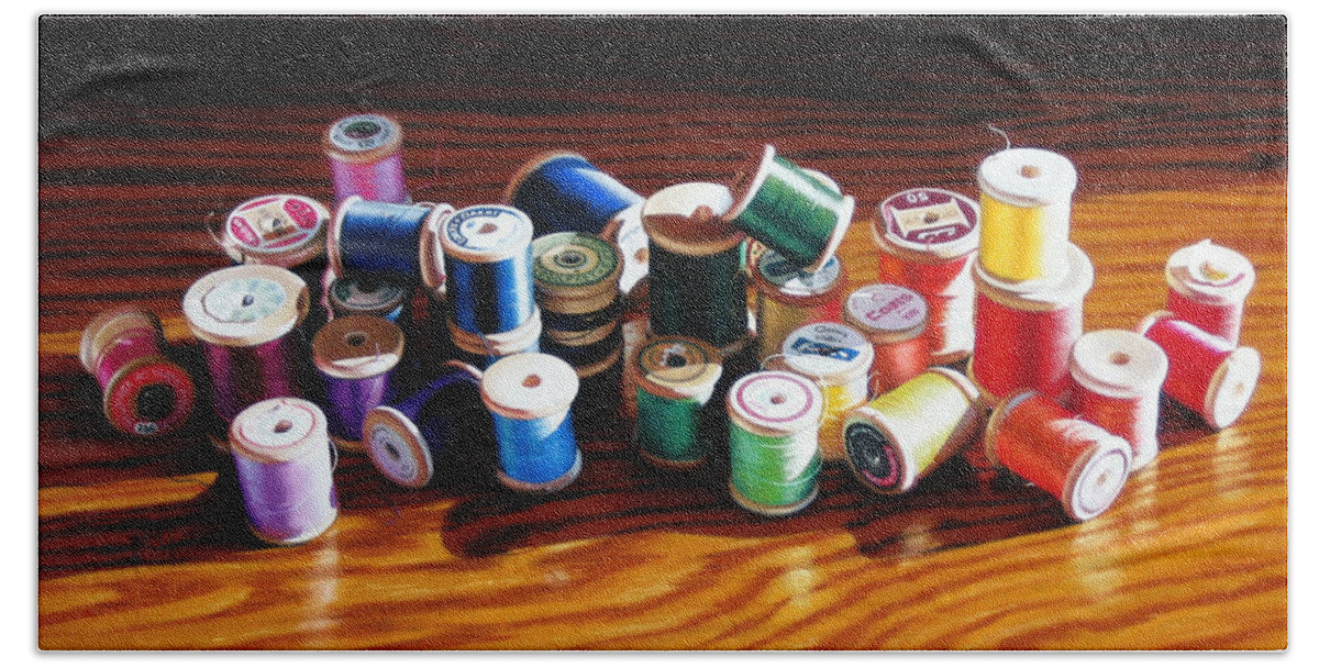 Thread Bath Towel featuring the painting 30 Wooden Spools by Dianna Ponting