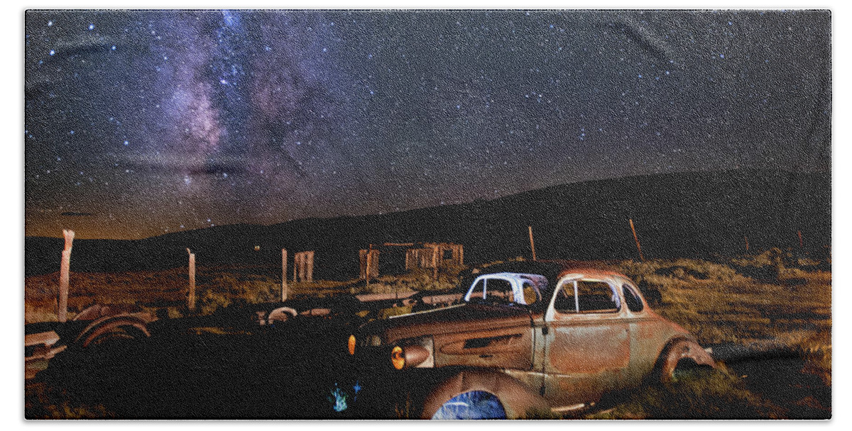 Night Hand Towel featuring the photograph '37 Chevy and Milky Way #37 by Cat Connor