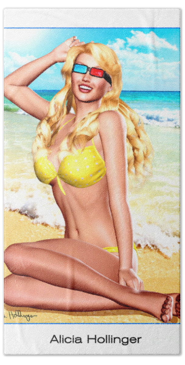 Pin-up Bath Towel featuring the mixed media 3D Girl in the Yellow Polka-Dot Bikini by Alicia Hollinger