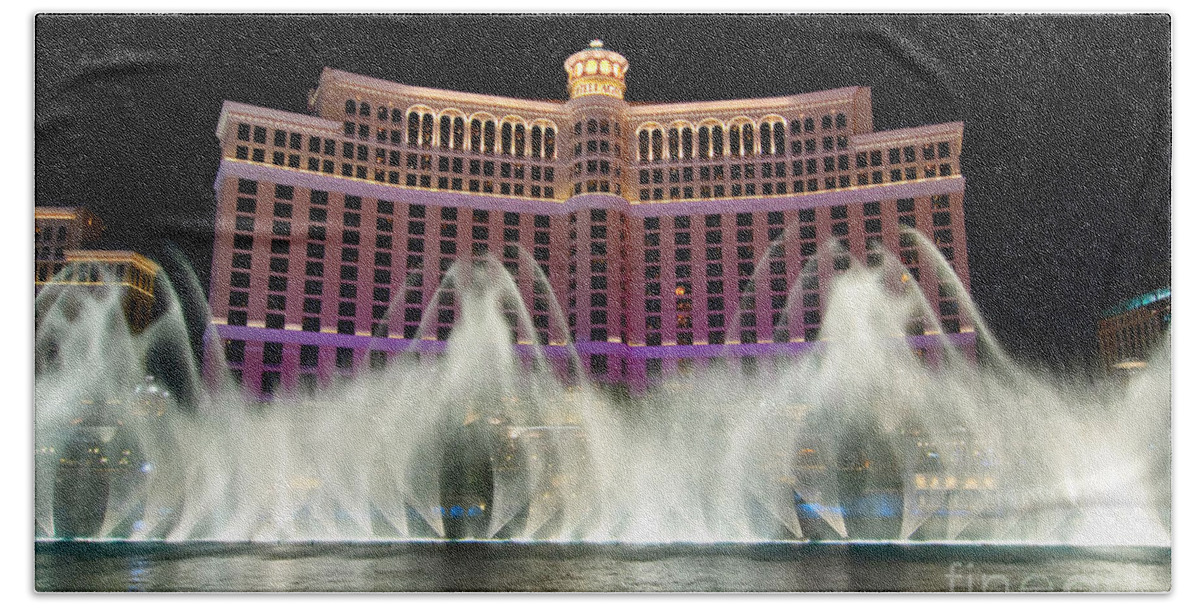 Bellagio Hand Towel featuring the photograph Bellagio Hotel and Casino at night #4 by Jamie Pham
