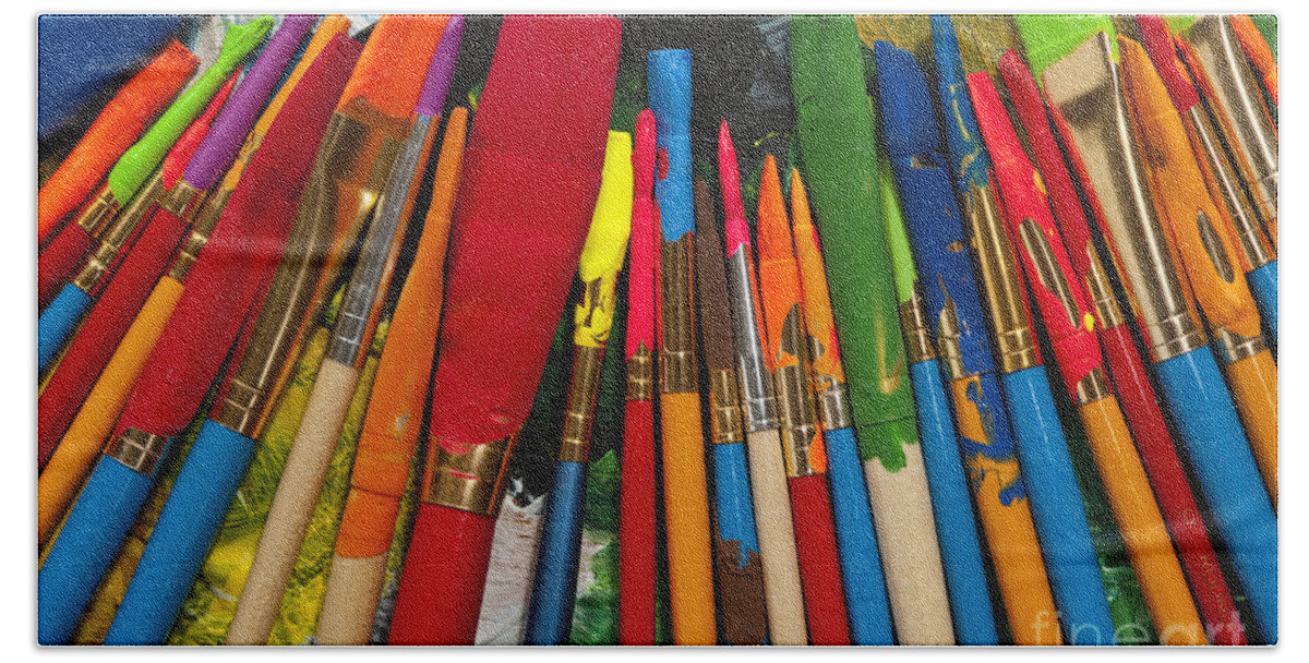 Acrylic Paint Hand Towel featuring the photograph Paintbrushes Lined Up On Palette #4 by Jim Corwin