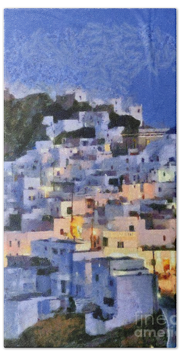 Serifos; Chora; Hora; Village; Town; Greece; Hellas; Greek; Cyclades; Kyklades; Aegean; Islands; Dusk; Twilight; Island; Night; Lights; Holidays; Vacation; Travel; Trip; Voyage; Journey; Tourism; Touristic; Summer; Blue Sky; White; House; Houses; Paint; Painting; Paintings Hand Towel featuring the painting Serifos town during dusk time by George Atsametakis