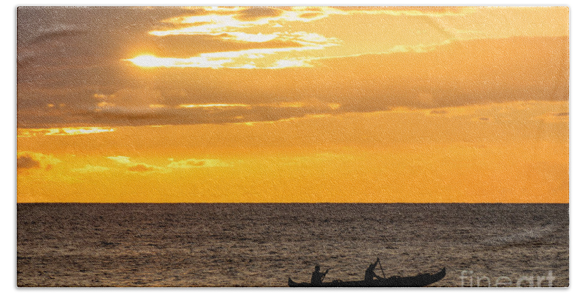 Hawaii Bath Towel featuring the photograph Two men paddling a Hawaiian outrigger canoe at sunset Maui Hawaii USA #4 by Don Landwehrle