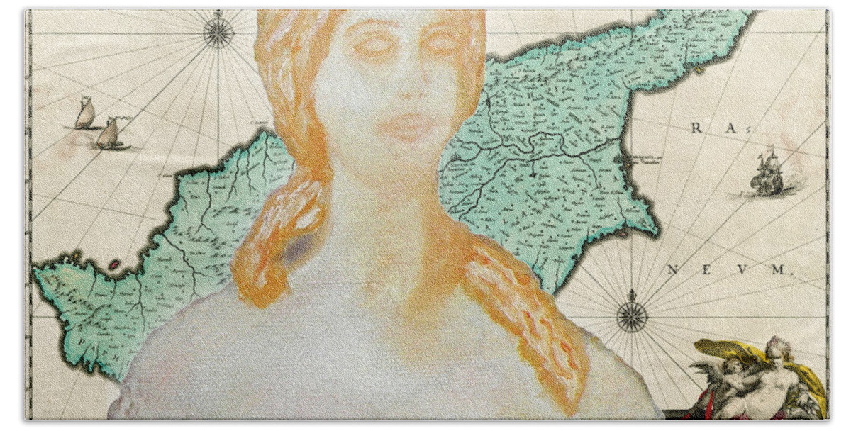 Augusta Stylianou Bath Towel featuring the digital art Ancient Cyprus Map and Aphrodite #1 by Augusta Stylianou