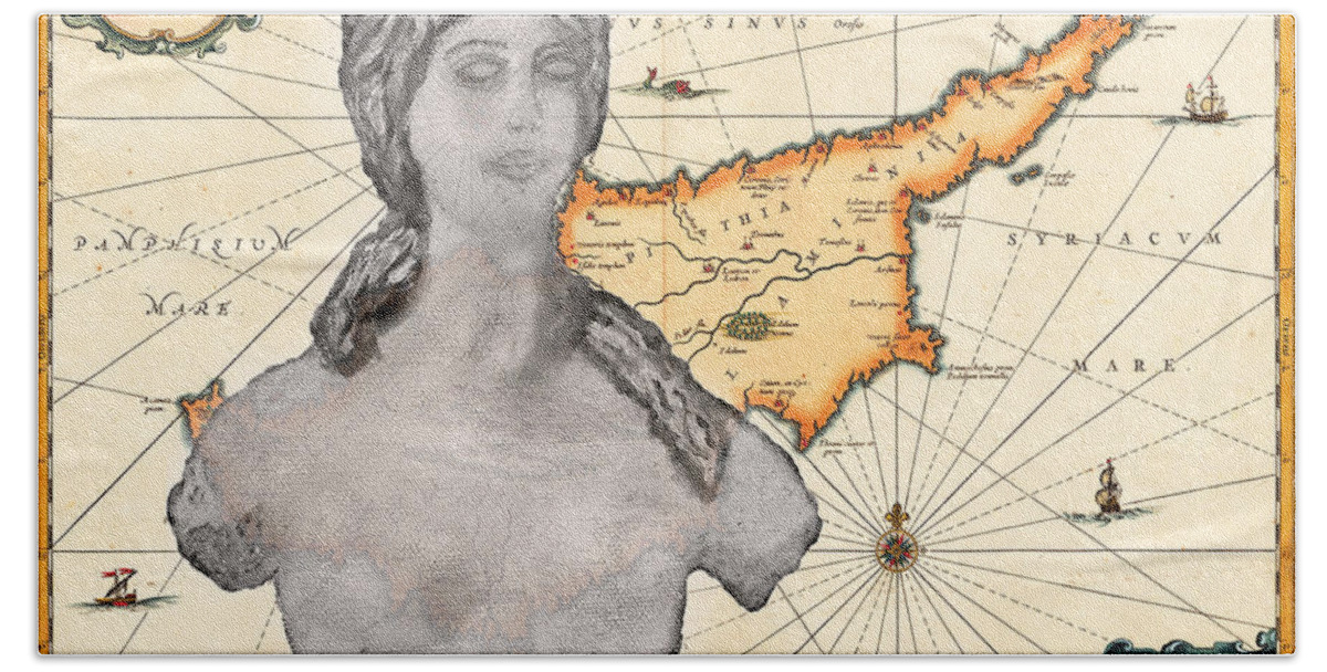 Augusta Stylianou Bath Towel featuring the digital art Ancient Cyprus Map and Aphrodite #42 by Augusta Stylianou