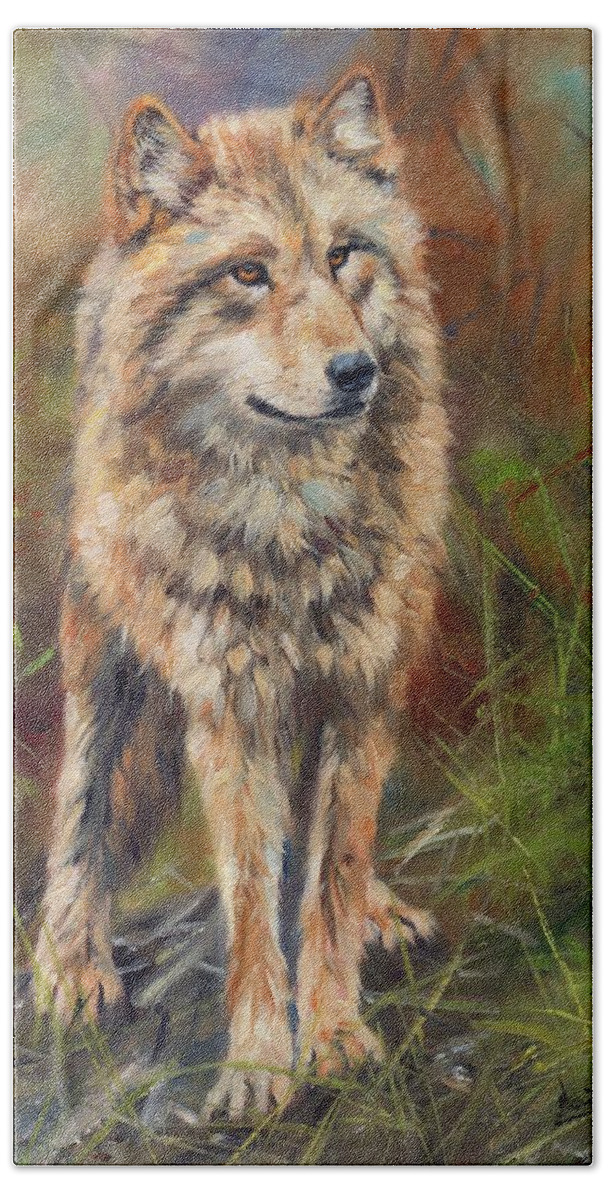 Wolf Bath Towel featuring the painting Grey Wolf #5 by David Stribbling
