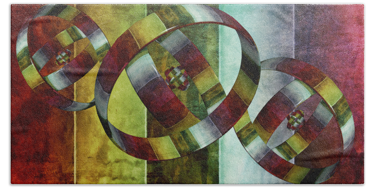 Abstract Bath Sheet featuring the digital art 5 Wind Rings by Angelina Tamez