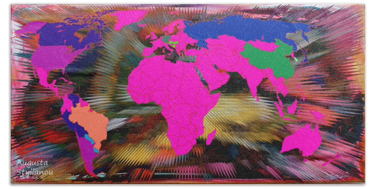 Augusta Stylianou Bath Towel featuring the digital art World Map and Human Life #1 by Augusta Stylianou