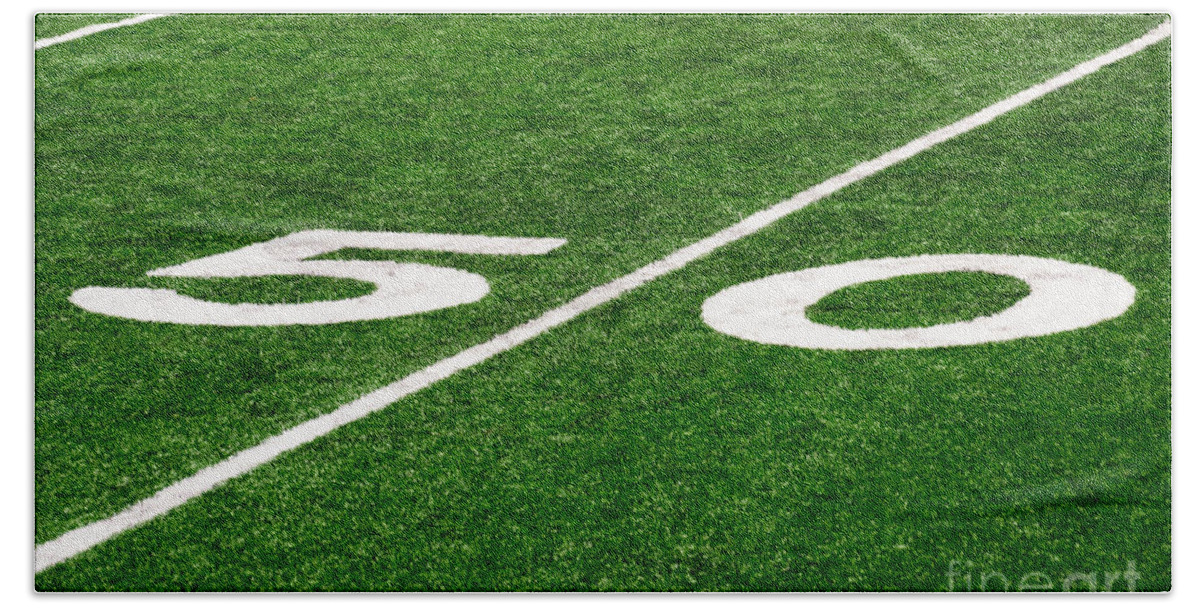 50 Yard Line Hand Towel featuring the photograph 50 Yard Line on Football Field by Paul Velgos