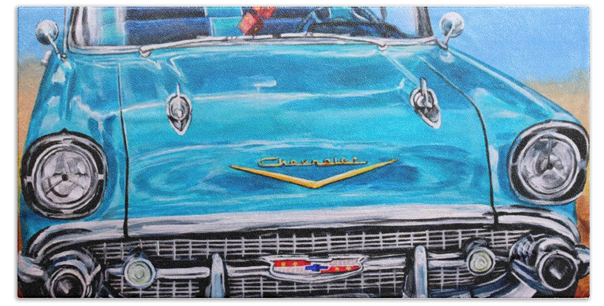Chevy Bath Towel featuring the painting '57 Chevy Front End by Karl Wagner