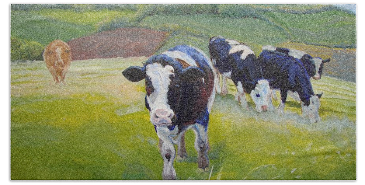 Mike Jory Cows Hand Towel featuring the painting Cows #6 by Mike Jory