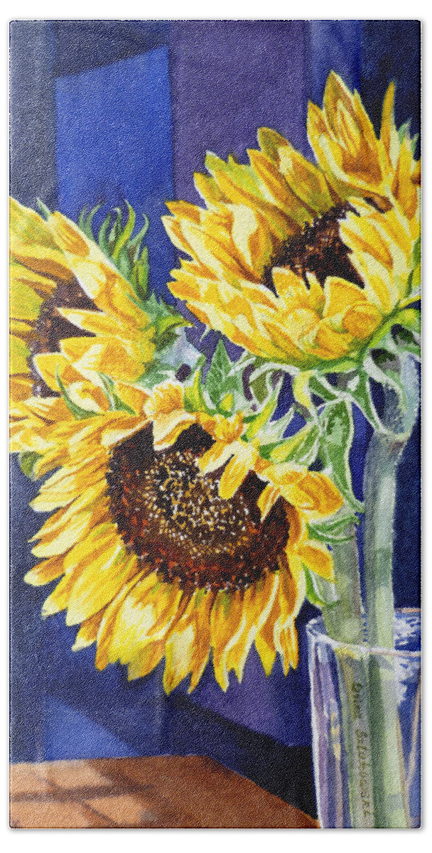 Sunflowers Bath Towel featuring the painting Sunflowers by Irina Sztukowski