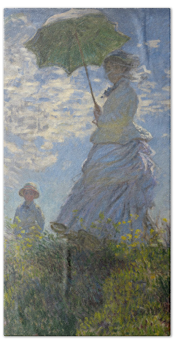 Claude Monet Hand Towel featuring the painting Woman With a Parasol #11 by Claude Monet