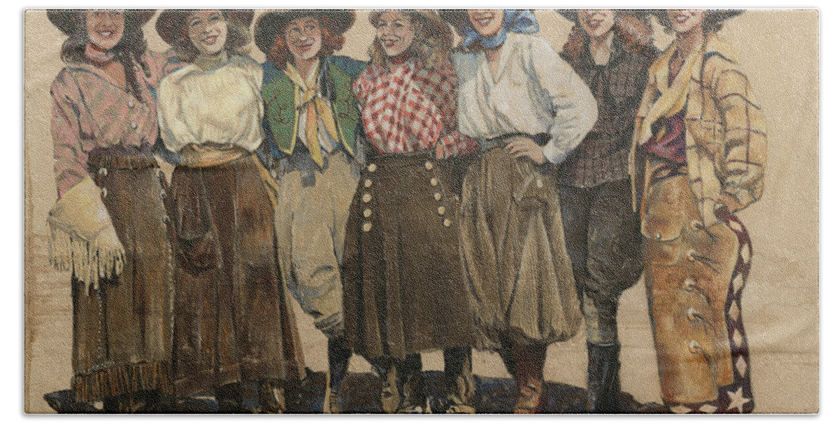 Don Langeneckert Hand Towel featuring the painting 7 Cowgirls - Old Time 1920's by Don Langeneckert