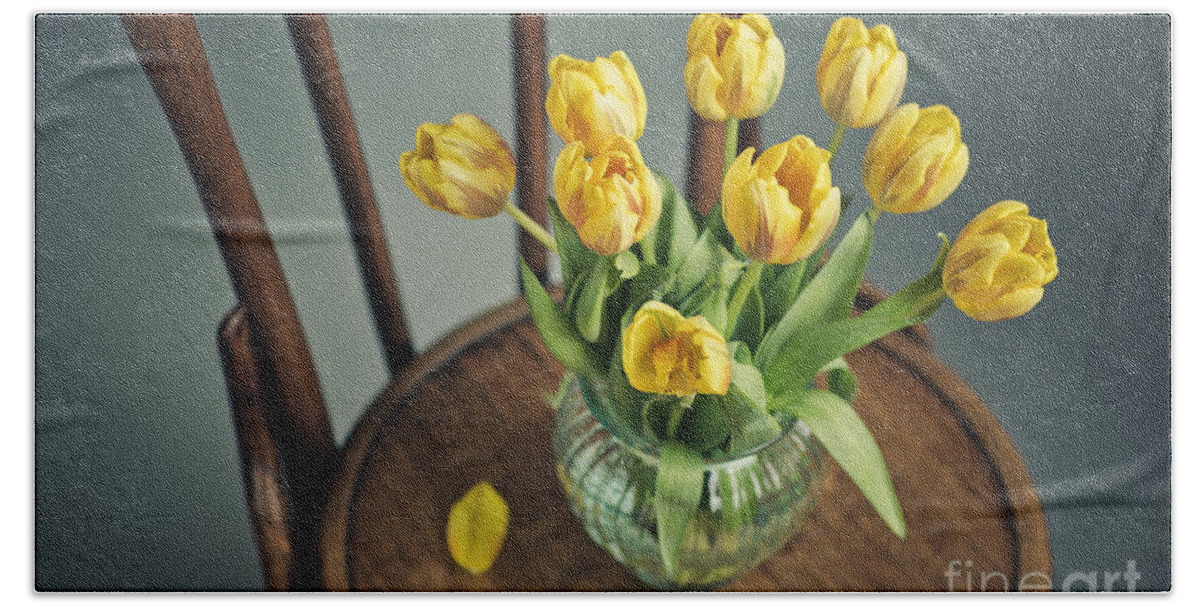 Tulip Bath Sheet featuring the photograph Still Life with Yellow Tulips by Nailia Schwarz
