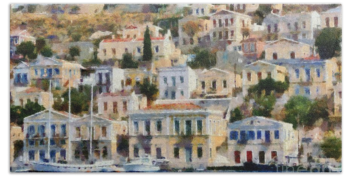 Symi Hand Towel featuring the painting Symi island #4 by George Atsametakis