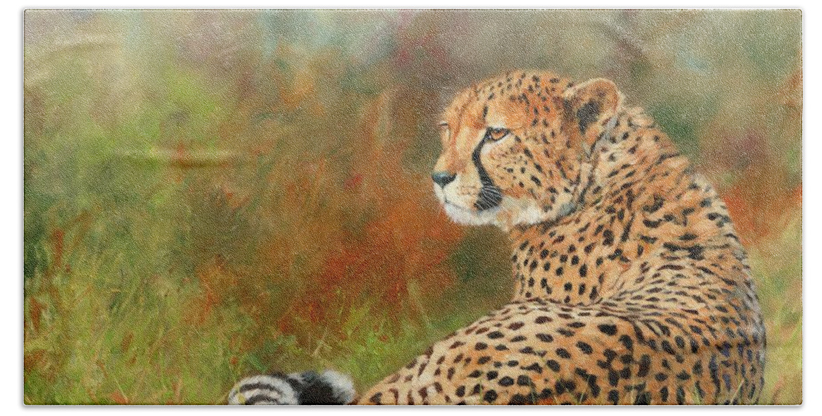 Cheetah Hand Towel featuring the painting Cheetah #8 by David Stribbling
