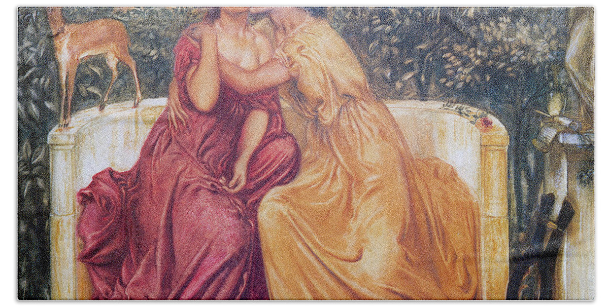 Simeon Solomon Bath Towel featuring the painting Sappho and Erinna in a Garden by Simeon Solomon