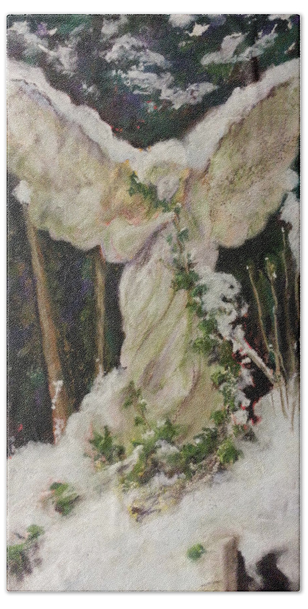 Cemetery Grave Gravestone Angel Highgate London Snow English Ivy Peaceful England Hand Towel featuring the pastel A Breath of Snow and Ivy, Highgate Cemetery by Brenda Salamone