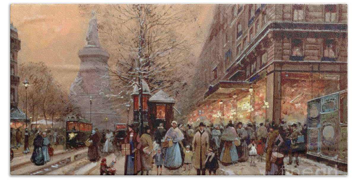 Winter Hand Towel featuring the painting A Busy Boulevard near the Place de la Republique Paris by Eugene Galien-Laloue