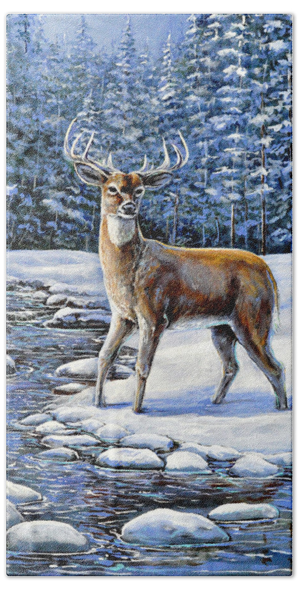 Nature Animal Deer Landscape Forest Winter Snow Pine Stream Blue Green Hand Towel featuring the painting A Cold Drink by Gail Butler