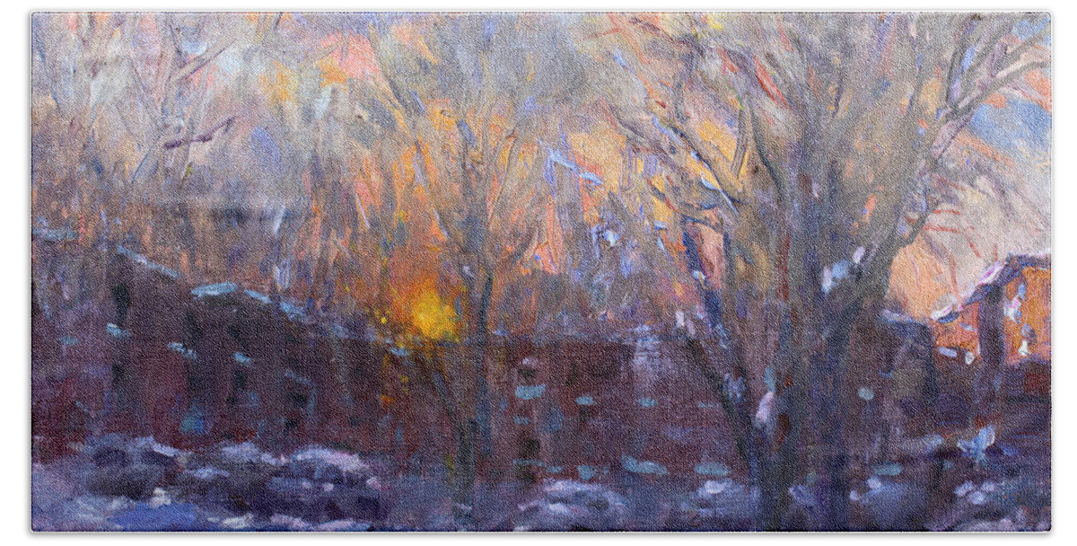  Winter Bath Sheet featuring the painting A Cold Winter Sunset by Ylli Haruni