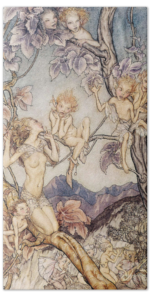 Act Hand Towel featuring the drawing A Fairy Song from A Midsummer Nights Dream by Arthur Rackham