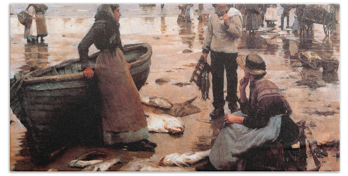 Stanhope Alexander Forbes Bath Towel featuring the digital art A Fish Sale on a Cornish Beach by Stanhope Alexander Forbes