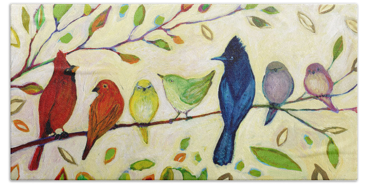 Bird Hand Towel featuring the painting A Flock of Many Colors by Jennifer Lommers