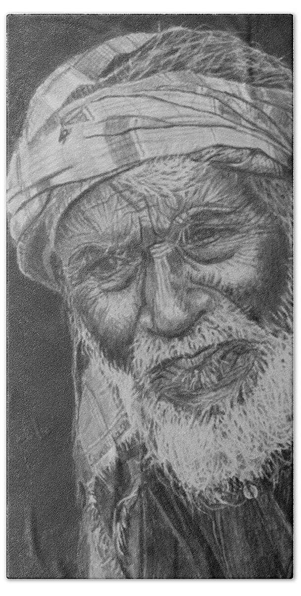 Old Man Bath Towel featuring the drawing A Fly on his Turban by Quwatha Valentine